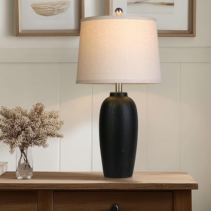 Jar Table Lamps Set of 2, 25" Ceramic Bedside Lamps for Living Room, Black Farmhouse Nightstand Lamps for Bedroom