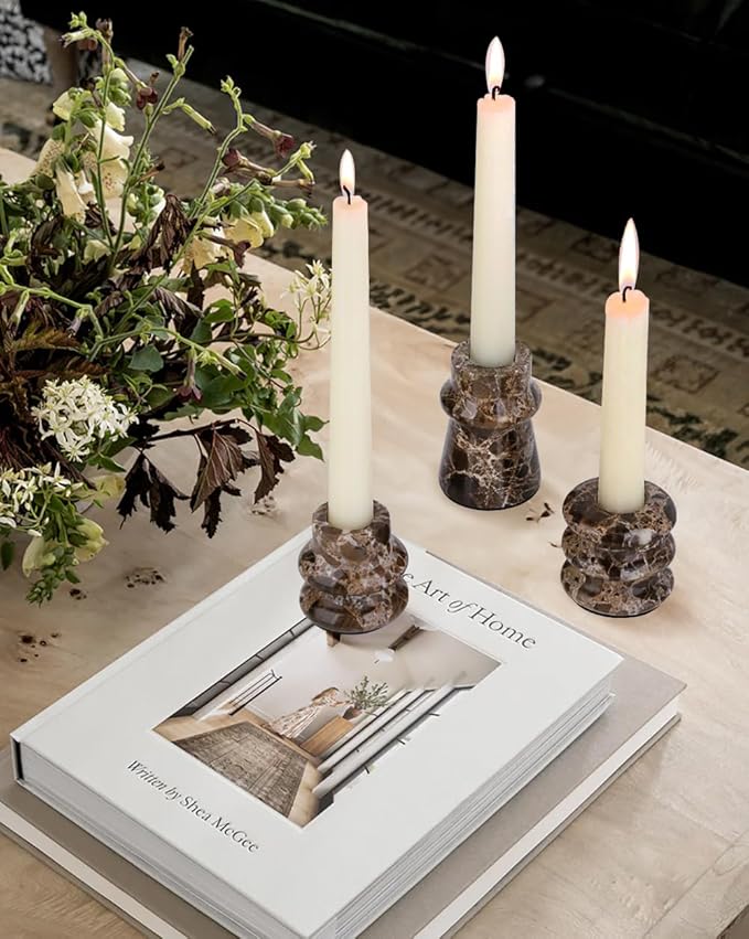 Vixdonos Marble Candle Holder Set of 3 Taper Candle Candlestick Mantle Candle Stand for Home Decor,Wedding,Party and Table Centerpieces(Brown)