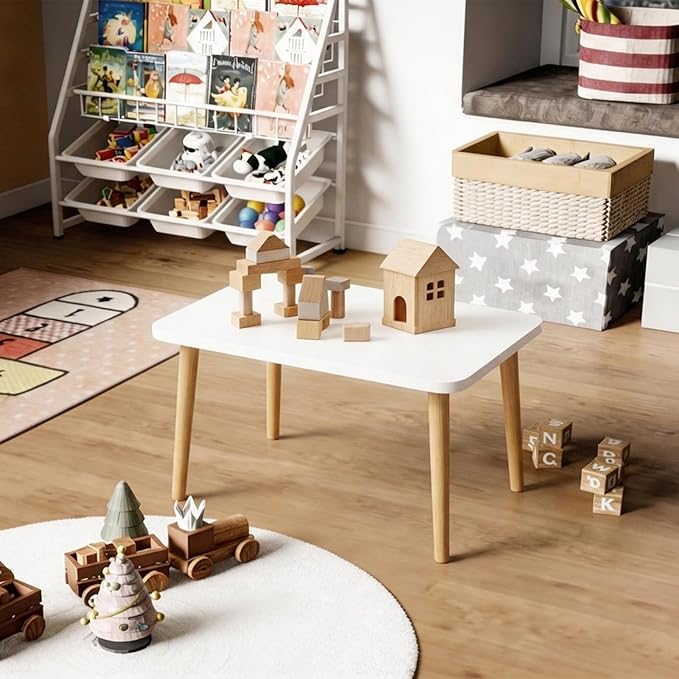 Square Coffee Table Low Table with 4 Solid Wood Sturdy Legs,Floor Table Desk for Sitting on The Floor,19.7"D x 31.5"W x 16"H Inches,Living Room/Toy room Furniture,Rental house Furniture (White-Square)