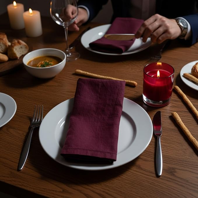 Hemstitched Linen Napkins – 20 Inch x 20 Inch – Stonewashed Pure Linen Cloth Dinner Napkins with Mitered Corners - 100% French Flax – Machine Washable - Set of 4 (Burgundy)