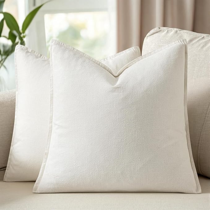 28x28 Inch Euro Sham Set of 2 Decorative Linen Solid Throw Pillow Covers Boho Accent Farmhouse Pillowcases Modern Netural Home Decor for King Bed Couch Sofa Living Room,Cream White