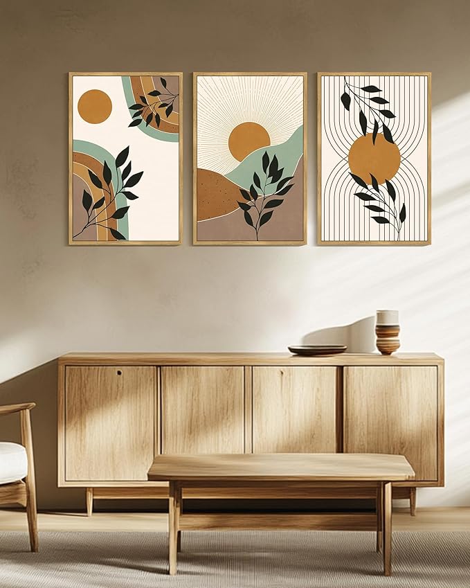 PHOPAGO Boho Abstract Wall Art Large 24x36in Botanical Mid Century Modern Framed Wall Printing Neutral Geometric Prints Bohemain Sage Decor for Farmhouse Bedroom - Natural Framed