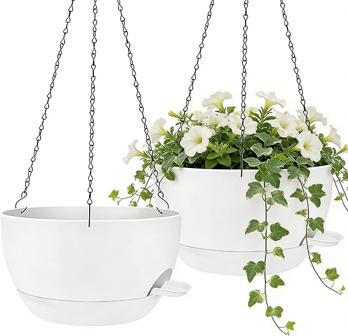 12" Self Watering Hanging Planters with Chains, White, 2 Pack | 43 Oz removable self-watering reservoir, for indoor/outdoor plants, patio & garden
