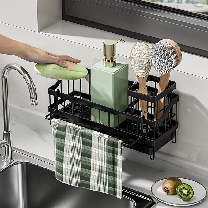 Sponge Holder,Kitchen Sink Caddy Organizer with High Brush Holder, Stainless Steel Kitchen Countertop Organizers and Storage Accessories,Soap Dispenser Organize (Black, 9.65"*3.94"*3.94")