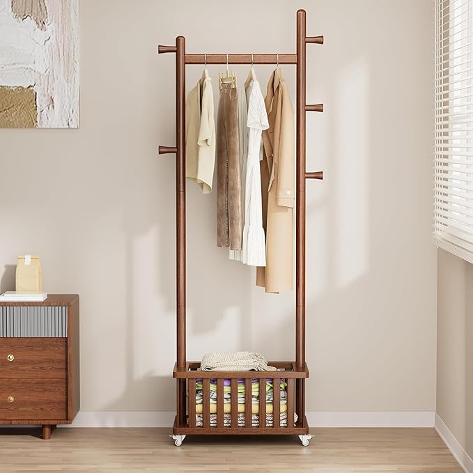 Taitiy Solid Wood Coat Rack Clothes Rack, Coat Rack Freestanding with Storage Basket and 5 Hooks, Heavy Duty Coat Tree for Entryway, Living room, Coat Hanger Stand for Hats, Bags Clothes