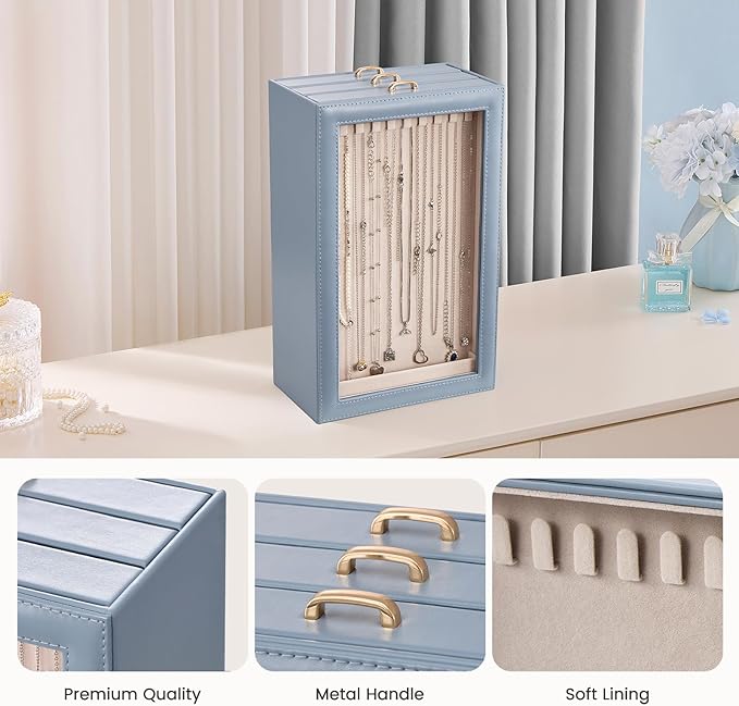 Lolalet Necklace Organizer Box, Jewelry Storage Box with Clear Window for Necklaces Bracelets, Tangle-Free Necklace Display Case for Women Girls, Mothers Day Gift