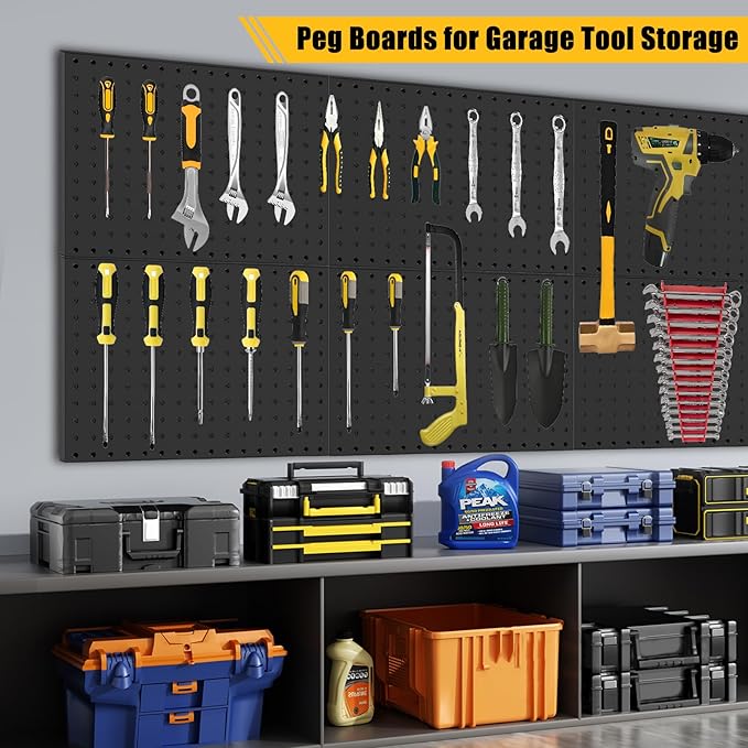 PBHEPJ 10 Pcs Metal Pegboard Panels, Heavy Duty Peg Boards for Garage and Garden Tool Storage, Includes Drywall Anchors and Screws Kits, Black (10 pcs 16in x 12in)
