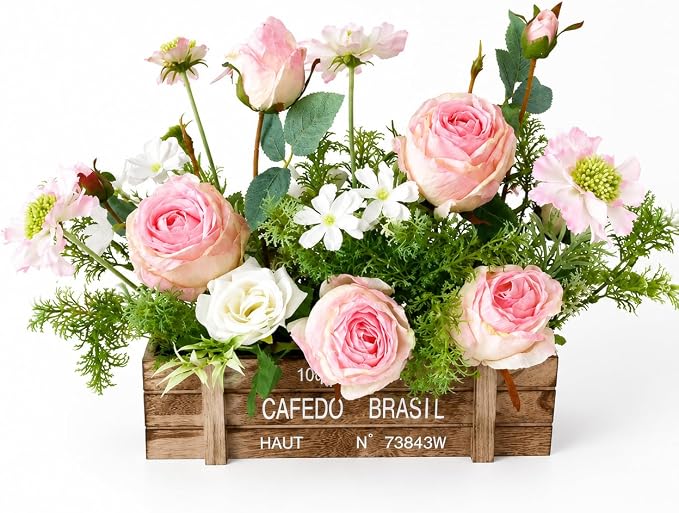 Centerpieces for Tables, Artificial Floral Centerpieces for Dining Table in Rustic Wooden Box, Pink Rose & Daisy Arrangement with White Roses Greenery for Farmhouse Kitchen Living Room Decor