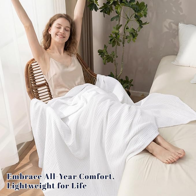 PHF 100% Cotton Muslin Throw XL Blanket Large 50" x 70", 4-Layer Lightweight Gauze Throw, Breathable Cloud-Soft Minimalist Blanket for Bed, Couch, Camping, White, Ideal Gift