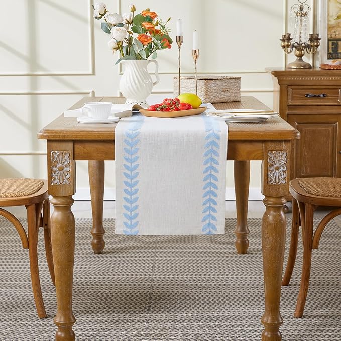 Wracra Embroidered Table Runner Irregular Willow Leaf Table Runners 48 Inches Long for Dresser Home Dining Table Decor,14 x 48 Inch, Blue