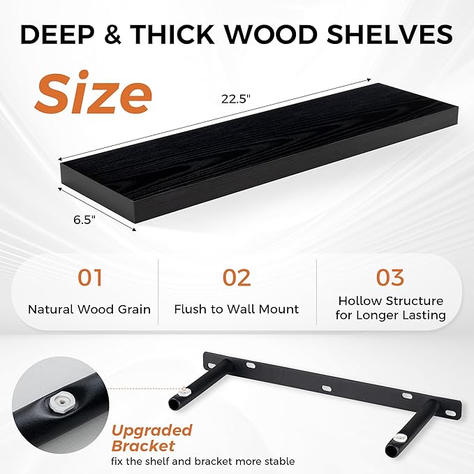 Fun Memories Deep Black Floating Shelf, 22.5" W x 6.5" D Rustic Wood Wall Shelf for Books with Invisible Brackets, Floating Shelf for Storage & Display in Kitchen, Living Room, Bedroom, 2 Packs