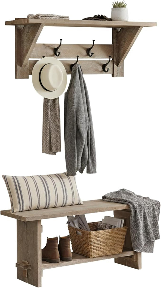 Alaterre Furniture Bethel Wall Mounted Coat Rack & Bench Set – Rustic 40-Inch Entryway Organizer with 5 Coat Hooks, Solid Wood Seat & Storage Shelves for Mudroom or Foyer (Driftwood Finish)