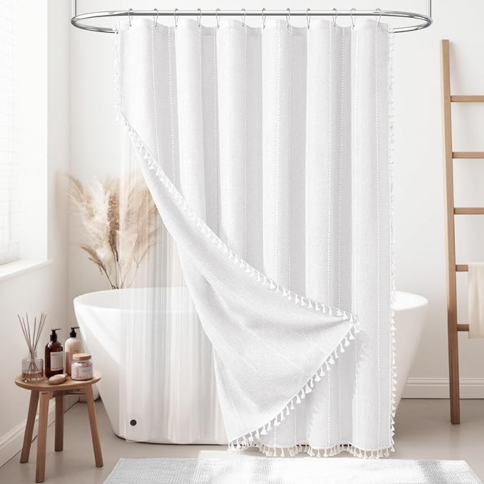 BTTN 3 in 1 Shower Curtain with Liner, 80 Inch Long Boho Linen Striped Cloth Shower Curtain Set with Hook, Tall Rustic Farmhouse Bohemian Waterproof Fabric Shower Curtain for Bathroom, White, 72x80