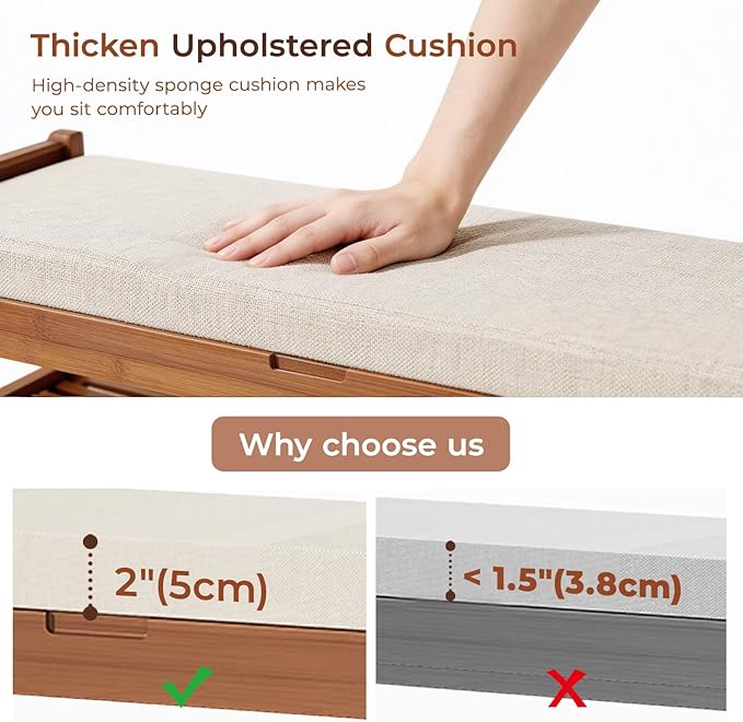 27.6" Bamboo Shoe Bench with Cushion, 3-Tier Adjustable Storage Bench for Entryway, Heavy Duty Shoe Rack Organizer with Removable Soft Cushion for Living Room Bedroom Hallway