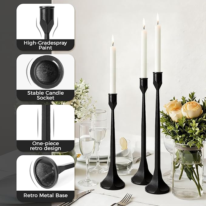 Vintage Cast Iron Black Taper Candle Holders Set of 3 Antique Decorative Candlestick Holder for Wedding Dining Table Party Rustic Home Decor
