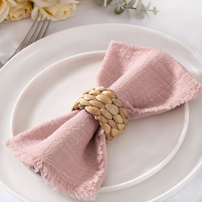 MLMC 10 Pack Dusty Pink Cloth Napkins with Fringe Boho Linen Napkins Washable Reusable Rustic Dinner Table Decor 17"×17" for Wedding Party Bridal Baby Shower Home Decor