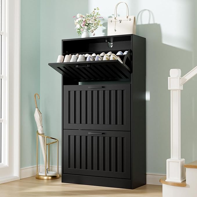 Shoe Storage Cabinet for Entryway with 3 Flip Drawers, Wooden Shoe Organizer with Adjustable Shelf, Freestanding Wood Fluted Panel Shoes Cabinet Closed Shoe Rack for Hallway Foyer, Black