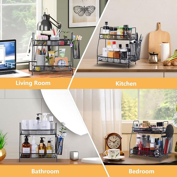 Bathroom Organizer with Basket, 2-Tier Bathroom Tray for Countertop Storage Shelf, Bathroom Counter Organizer, Vanity Organizer and Storage Kitchen Counter Organizers Spice Rack