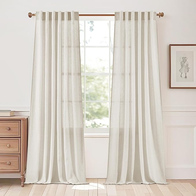 StangH Natural Linen Semi Sheer Curtains 84 inches Long, Breathable Light Airy Bedroom Drapes with Back Tab Country Farmhouse Decor for Living Room Sliding Door, Cream, W55 x L84, 2 Panels