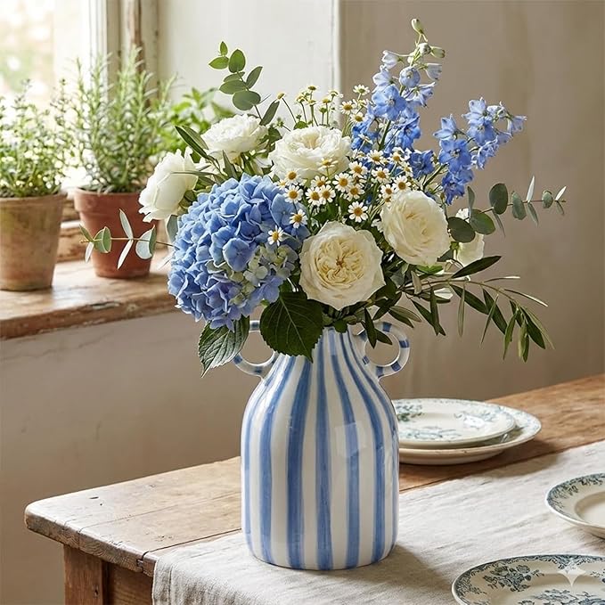 Blue and White Ceramic Vase with Handle, Nordic Boho Small Vases Side Table Flower Centerpiece, Wide Mouth Single Flower Vase Pampas Grass Decorative - for Home Window Sill Living Dining Room Kitchen