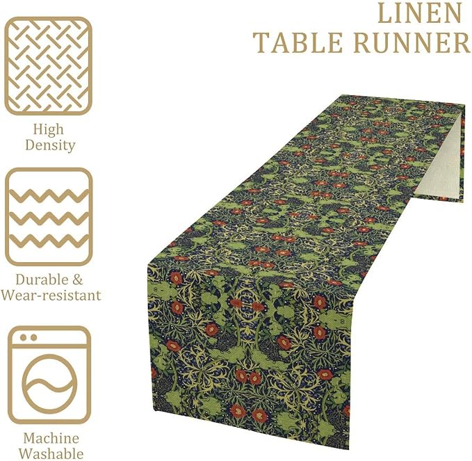 William Morris Floral Table Runner, Vintage Flowers Green Botanical Printed Table Runner for Home Kitchen Dining Table Decoration 13x60 Inch