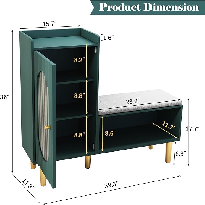 HLR Storage Bench with Glass Door&Shelf, Modern Entryway Shoe Cabinet Bench with Padded Seat, Green L-Shaped Storage Cabinet for Hallway, Bedroom, Living Room, Office