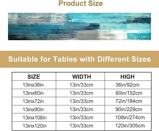 Teal Peacock Blue Abstract Art Contemporary Table Runner,Modern Neutral Decorative Pattern Table Runner for Coffee Table Dining Room Table Bedroom Party Holiday Decor 13x120inch