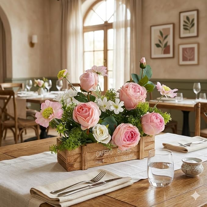 Centerpieces for Tables, Artificial Floral Centerpieces for Dining Table in Rustic Wooden Box, Pink Rose & Daisy Arrangement with White Roses Greenery for Farmhouse Kitchen Living Room Decor
