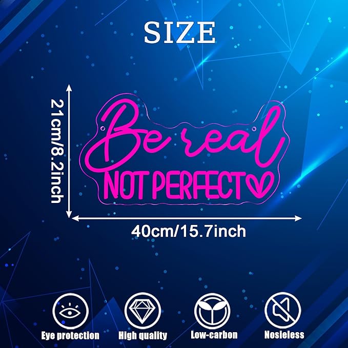 Symone Be Real Not Perfect Heart Neon Sign, Motivational Neon Sign USB Powered LED Dimmable Inspirational Neon Light, for Office Living Room Bedroom Bar Garage Studio Wall Decor(15.7 * 8.2 In)