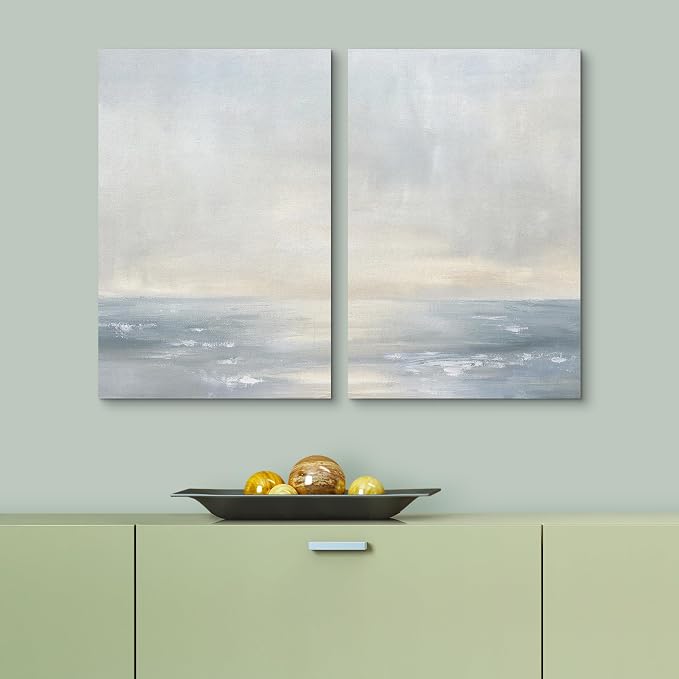 SIGNLEADER Canvas Print Wall Art Set Minimalist Ocean Horizon Soft Blue Coastal Seascape Illustrations Modern Relax/Calm for Living Room, Bedroom, Office - 24"x36" x 2