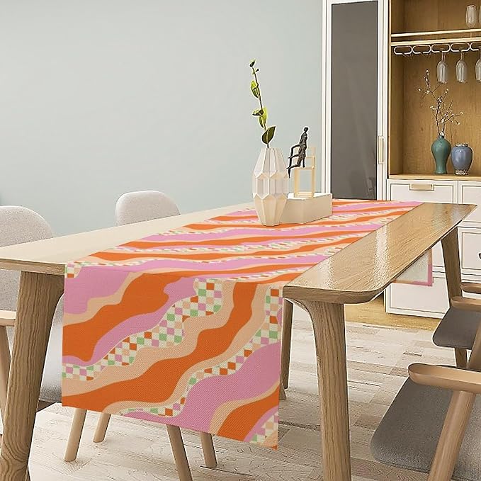 Groovy Rainbow Table Runner Hippie Abstract Rainbow 70s Colorful Geometry Retro Printed Dinner Runner for Living Room Kitchen Decoration 13x90in