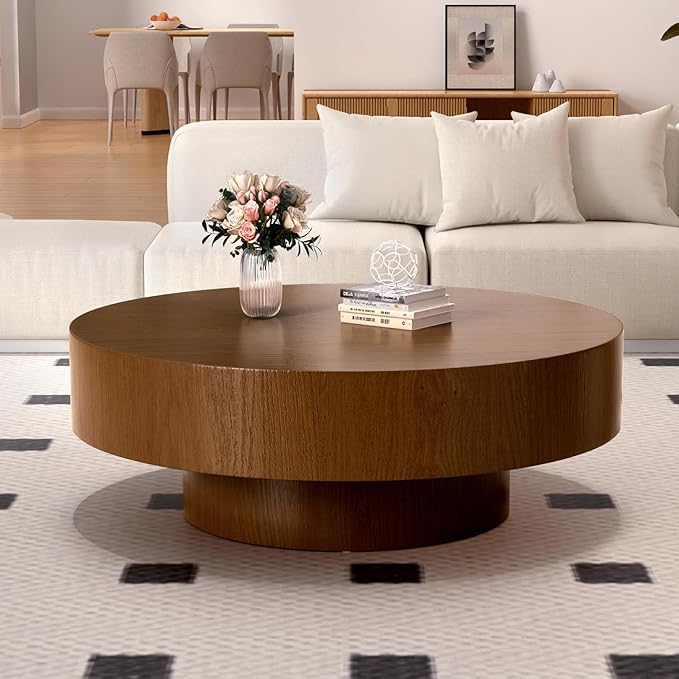 Modern Round Coffee Table with Sturdy Base, Circle Coffee Tables with Natural Wood Grain Texture Accent Tea Table Center Table for Living Room Apartment Office, Brown39.37 Dx39.37 Wx13.8 H