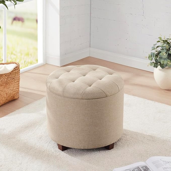 Ornavo Home Decor Round Ottoman with Storage, Round Vanity Chair Stool Ottoman Pouf with Storage for Living Room and Bedroom, Linen Beige