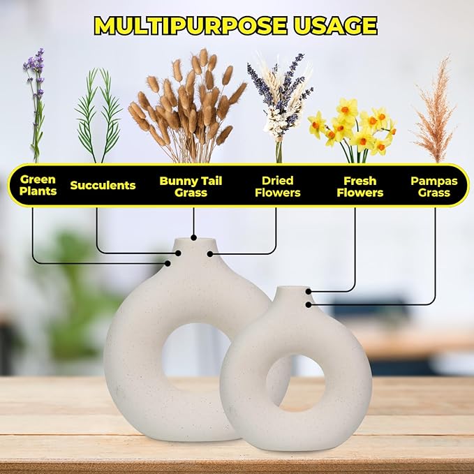 Set of 2 White Ceramic Vases - Modern Nordic Minimalist Decor for Home, Dining Table, and Shelves (Large & Medium)