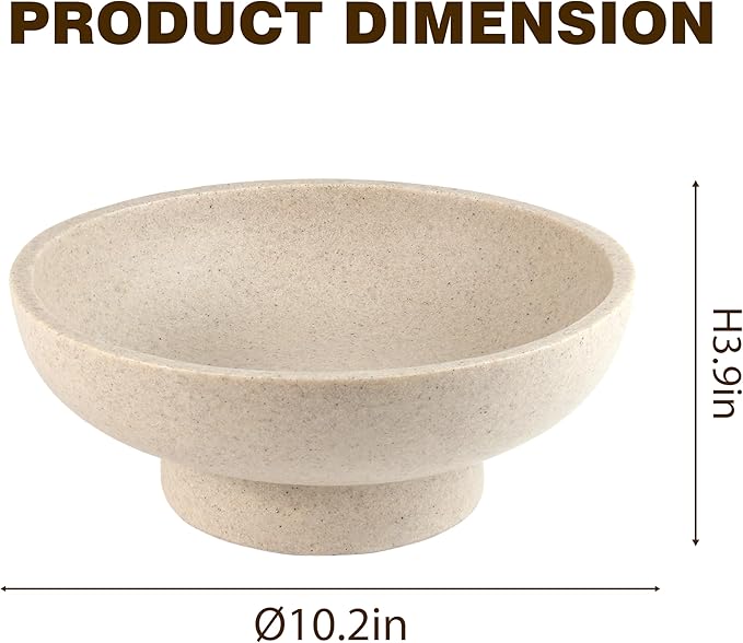 Catch All Decorative Fruit Bowl with Pedestal —Key, Purse & Trinket Holder | Entryway Table, Kitchen Counter, Coffee Console Decor | Modern Minimalist Artificial Stone Beige