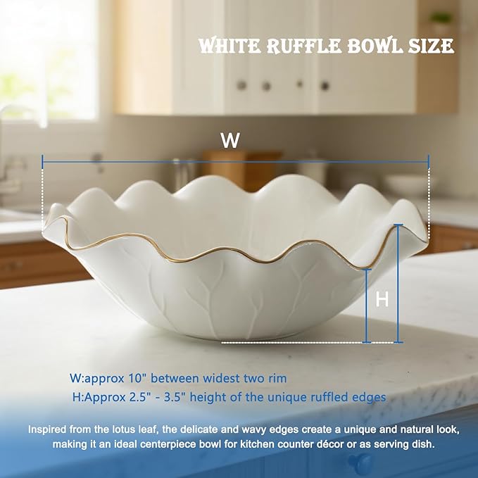 10" Large White Ruffle Lotus Design with Gold Trim Ceramic Fruit Bowl, Shallow Decorative Leaf Floral Bowl for Coffee Table Kitchen Counter and Home Decor Approx Capacity 45 fl oz