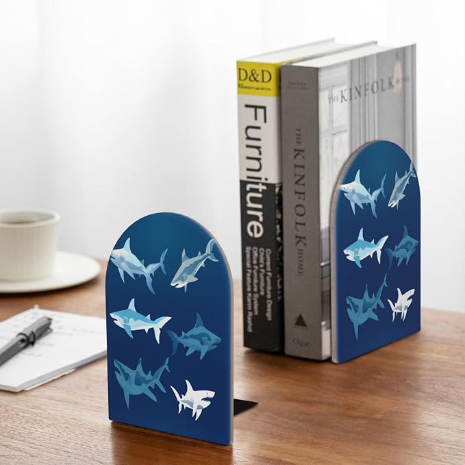 Blue Cartoon Shark 2 Pack Wood Decorative Bookends 6.7x4.2 in, Book Ends for Home Office Library Shelves Decor Room Kitchen Desktop