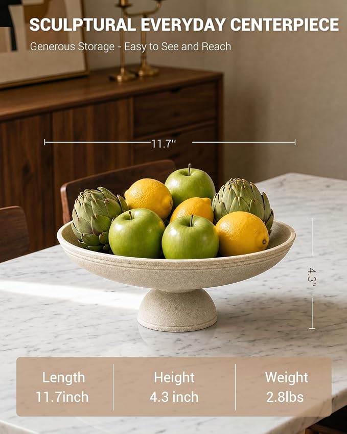 Large Decorative Bowl, Handcrafted Beige Resin Pedestal Centerpiece, Fruit Bowl for Kitchen Counter, Durable Catch-All Dish and Entryway Key Holder, Modern Home Decor, 11.7 in