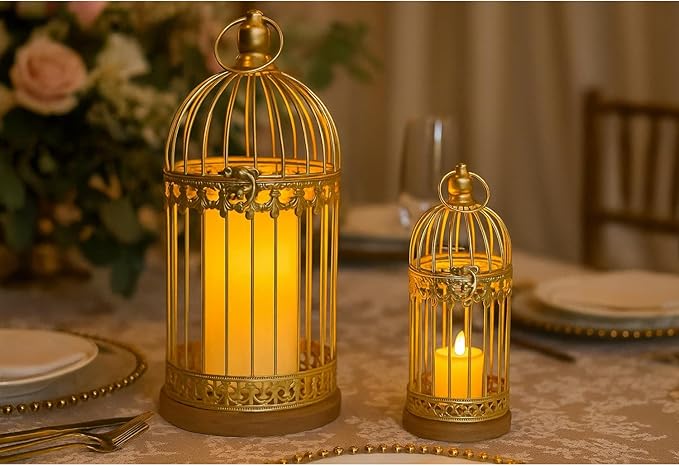 VELA LANTERNS Birdcage Candle Lanterns – Set of 2 Decorative Metal Lanterns on Wooden Base – Vintage Farmhouse Tabletop & Hanging Lantern for Weddings, Parties & Home Decor, Gold