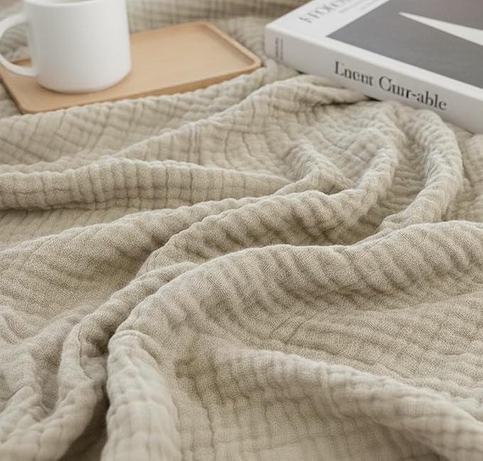 KyraHome 100% Organic Cotton Msulin Throw Blankets, Queen 90"x90", Pre-Washed Plant Dyed, Breathable Lightweight Soft Gauze Summer Blankets for Adults, Bed, All Season, Oatmeal Khaki