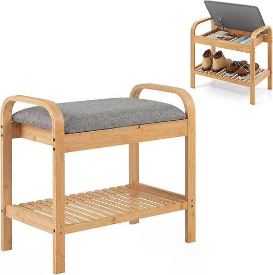 Giantex Small Entryway Bench with Storage, 2-Tier Bamboo Shoe Rack Bench with Flip Top Storage Space and Padded Cushion, Shoe Organizer for Entryway, Living Room, Hallway, Bedroom,Natural