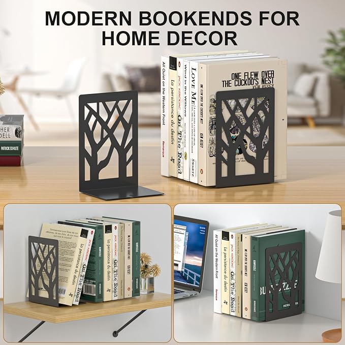 Bookends 8 Pieces, Tree Design Modern Metal Bookends for Shelves, Black Tree Book Ends Decorative Book Organizer for Desk, Decorative Shelve Book Stopper for Home Office