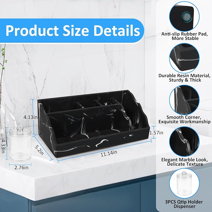 Marble Bathroom Countertop Organizer, Black Toothbrush Holders for Bathrooms Counter Organizer with 3PCS Qtip Dispenser, Toothbrush and Toothpaste Holder for Bathroom Organization Vanity Storage