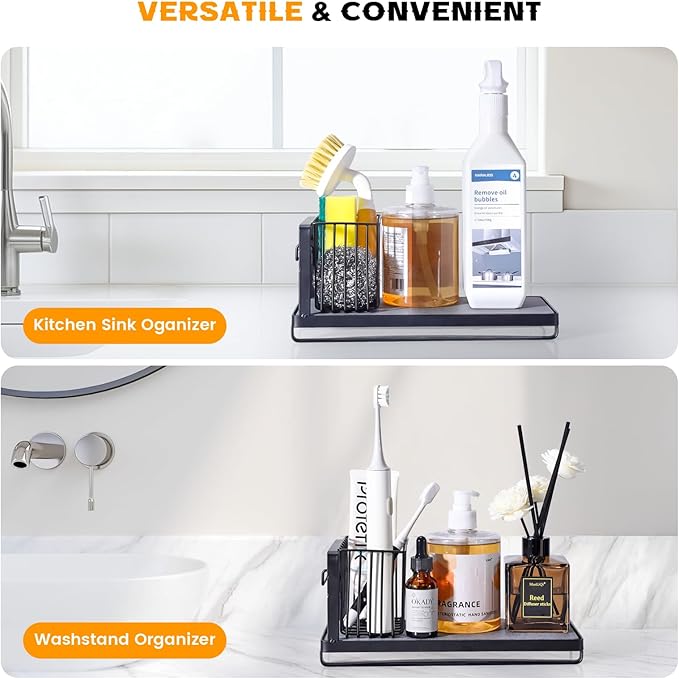 KONE Black Kitchen Sink Caddy: Kitchen Sponge Holder with Instant Drying Stone and Brush Holder, Rustproof Sink Organizer for Sponges, Soap, Home Decor Storage and Organization