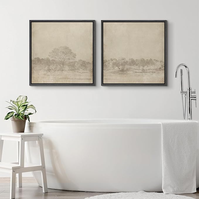 SIGNFORD Framed Canvas Print Wall Art Set Vintage Sepia Forest Landscape Neutral Toned Tree Scene Illustrations Modern Art Minimal Relax/Calm for Living Room, Bedroom, Office - 24"x24"x2 Black