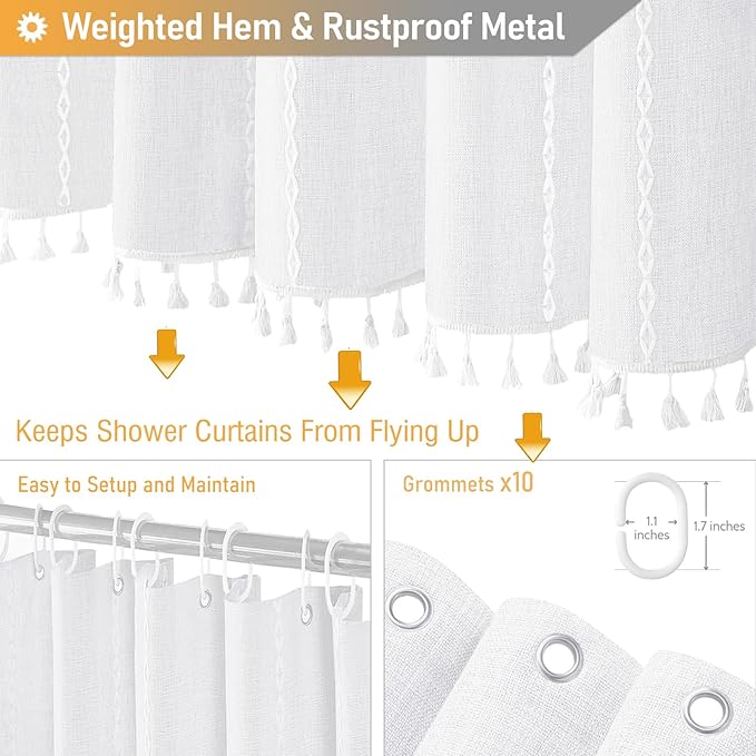 BTTN Stall Shower Curtain - 60x84 Long Boho Farmhouse Linen Fabric Tassel Shower Curtain Set with 10 Plastic Hooks, Narrow Bohemian Rustic Thick Decorative Cloth Shower Curtain for Bathroom - White