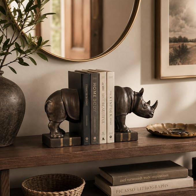Comfy Hour 10.4 inches Height, Bronze Rhino Antique Vintage Figurine Style Bookends, Rustic Animal Statue Home Decor, Heavy Duty Book Stoppers Pair
