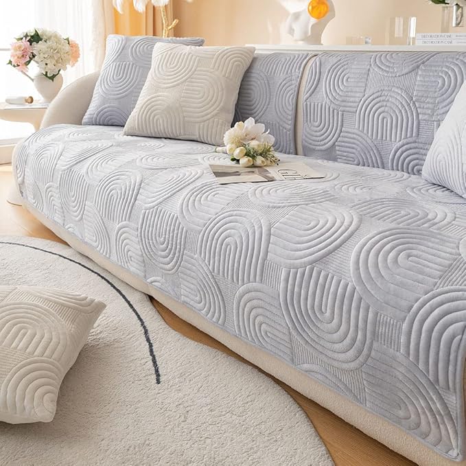 Soft Plush Geometric Quilted Couch Sofa Cover Boho Non Slip Fuzzy Sectional Couch Cover Solid Color Washable Sofa Slipcover Furniture Protector for Kids Dogs Cats (Gray,43"x70")