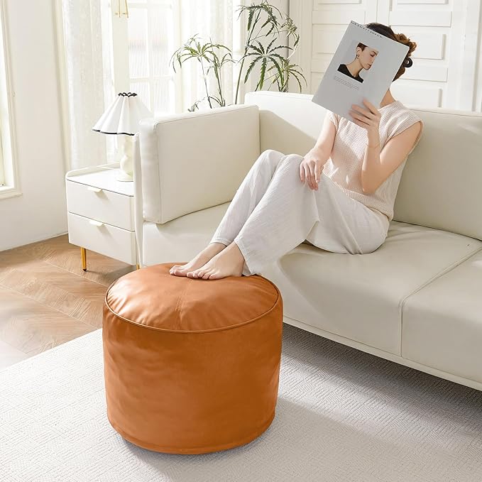 HIGOGOGO Round Stuffed Pouf Ottoman, Pu Leather Poufs with Foam Chunk Filling, Furry and Fluffy Pouf Foot Stool Storage Ottoman, 26 X 18 Floor Poufs Foot Rest for Living Room, Orange