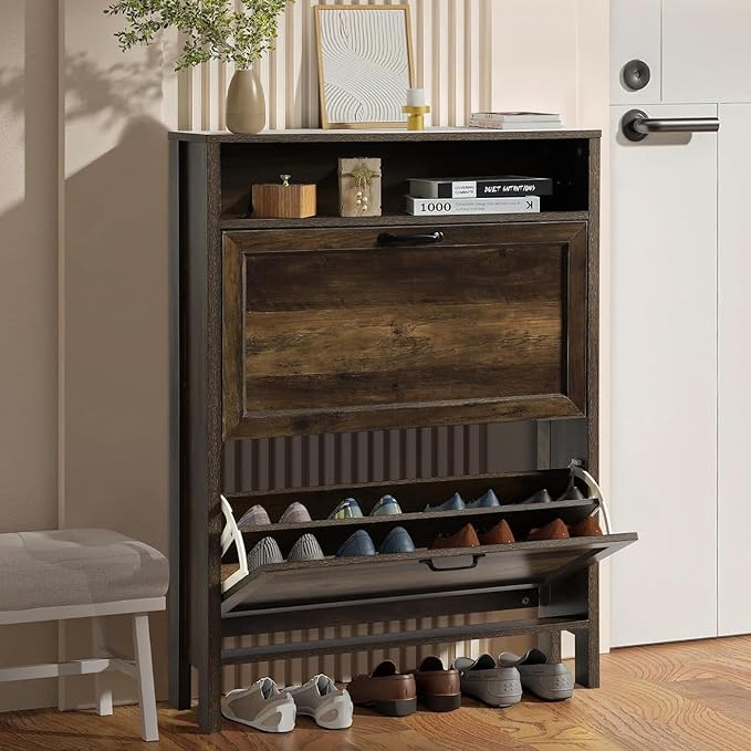 LOUVIXA Shoe Cabinet with 2 Flip Drawers, Narrow Shoe Storage Cabinet, Freestanding Shoe Cabinet Organizer, Hidden Shoe Rack Cabinet for Entryway, Hallway (2-Drawers, Brown/2-drawers)